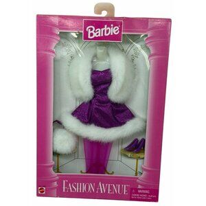 NIB Vintage Barbie Fashion Avenue Outfit #14980 Pink Purple Faux Fur Dress VHTF!